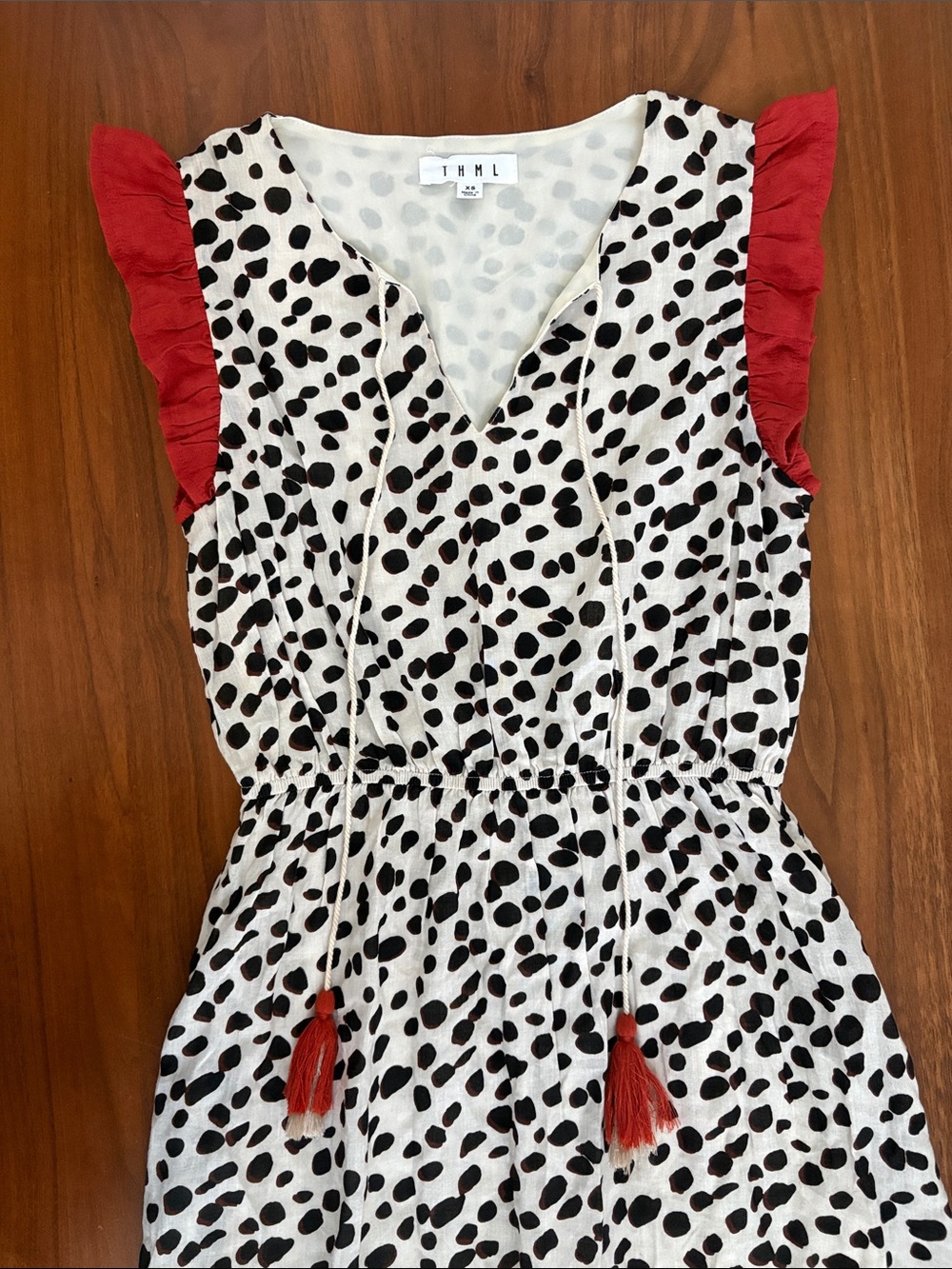 THML Boutique Dalmatian Print Midi Dress with Red Ruffle Trim Tassel Tie Size XS - Picture 4 of 9